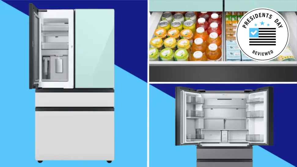 A French-door Samsung fridge on colored background.