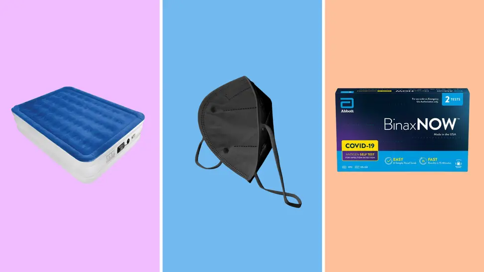 Side-by-side image of a blue and gray air mattress, black face mask, and the package of a COVID antigen self test.