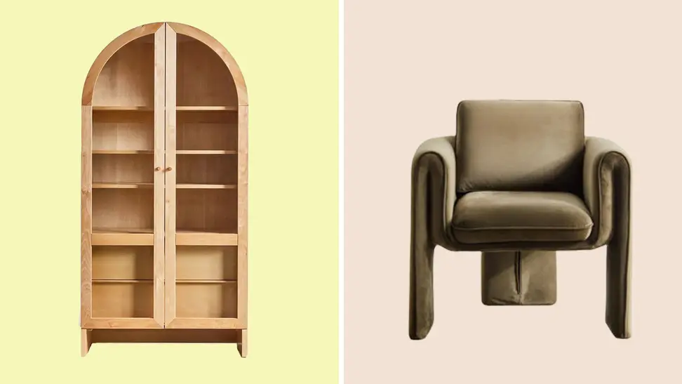 cabinet and olive velvet chair on yellow and beige background