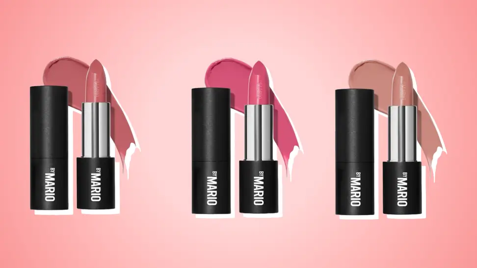 Collage of three SuperSatin Lipsticks from Makeup by Mario against a pink background.
