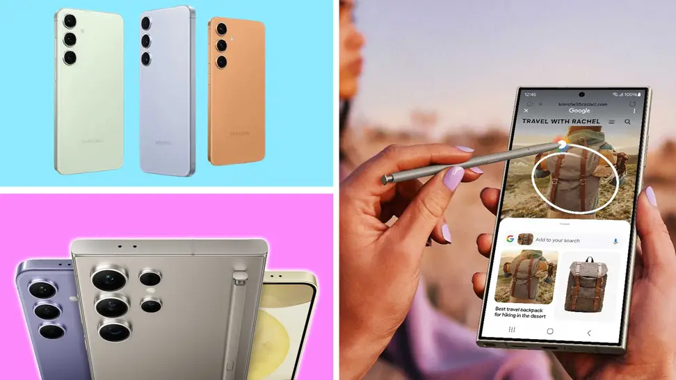 The Samsung Galaxy Z Fold5 smartphone next to a group of people looking at a smartphone.
