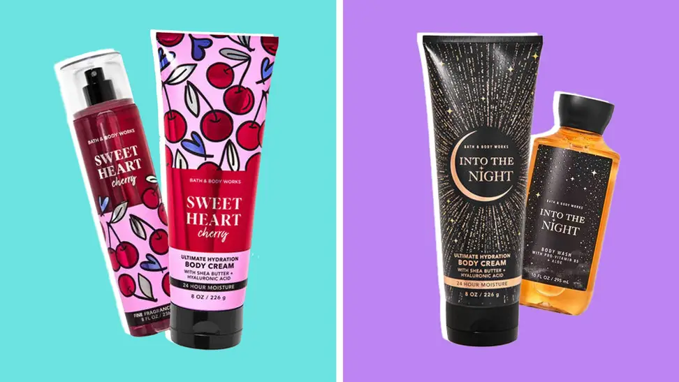 Bath & Body Works Sweet Heart Cheery fragrance and body cream next to Bath & Body Works Into the Night body cream and body wash against a green and purple background.
