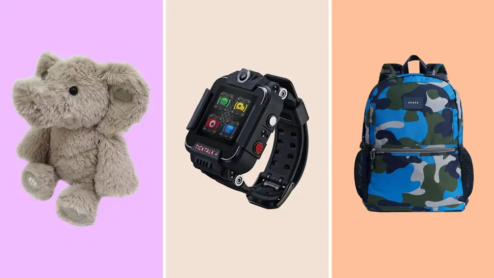 An stuffed animal elephant, a Tick Talk watch, and a State brand, blue and black camo backpack.