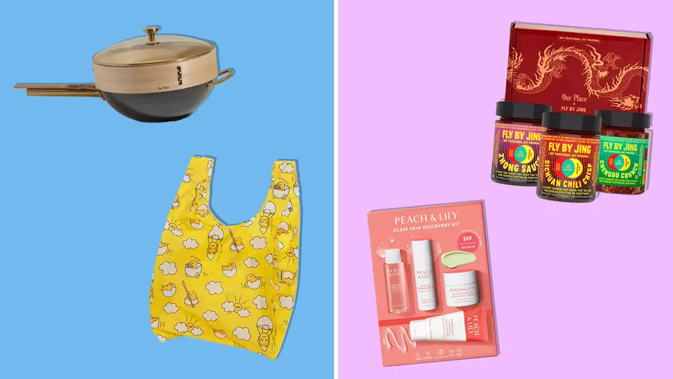 A collection of our favorite gifts for Lunar New Year, including the Our Place Saucy Wok, Baggu, Peach and Lily Glass Skin Kit and Fly By Jing chili crisp on blue and pink background.