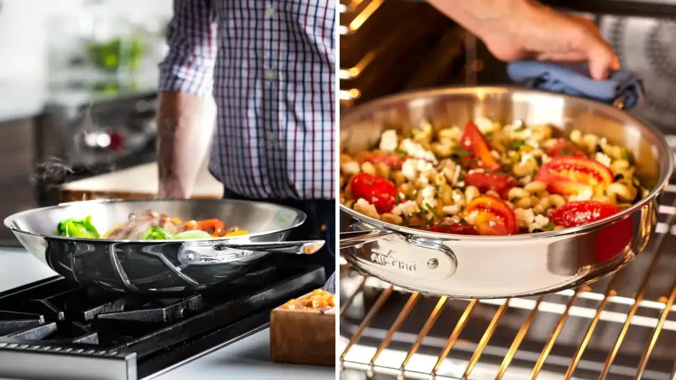 A collage of an All-Clad wok holding different kinds of food.