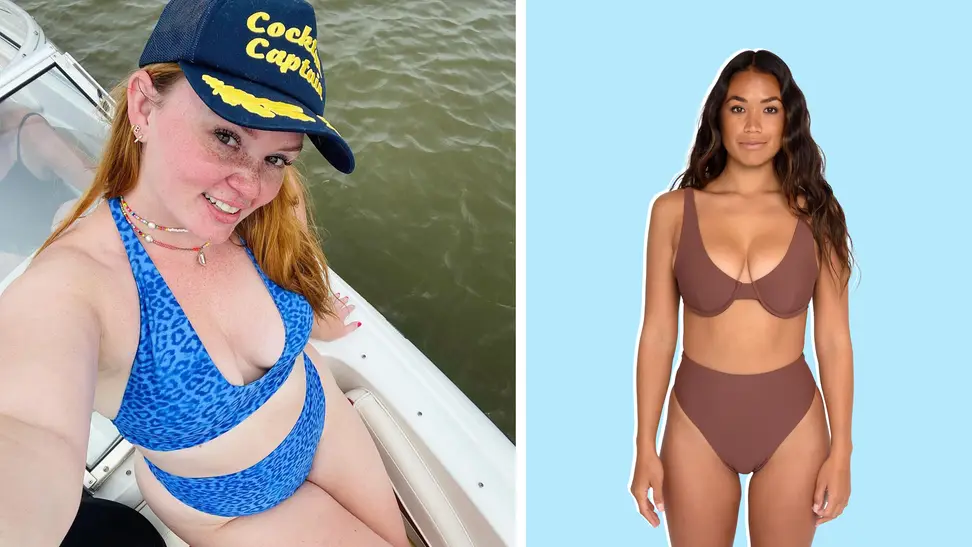 On the left is a photo of a woman on a boat wearing a blue bikini and a baseball cap, and on the right is a model wearing a brown bikini.