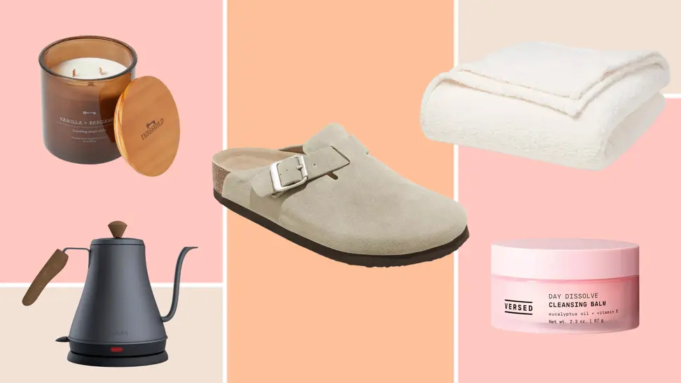 A variety of Target finds, featuring a white sherpa blanket, tea kettle, wicker candle, facial cleanser, and Boston clogs.
