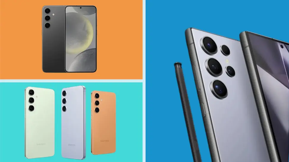A collection of Samsung Galaxy S24 smartphones in front of colored backgrounds.
