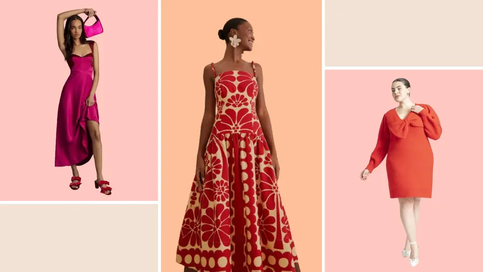 A model wearing a bright pink slip dress, a model wearing a printed red dress, and a model wearing a red sweater dress with a bow detail.