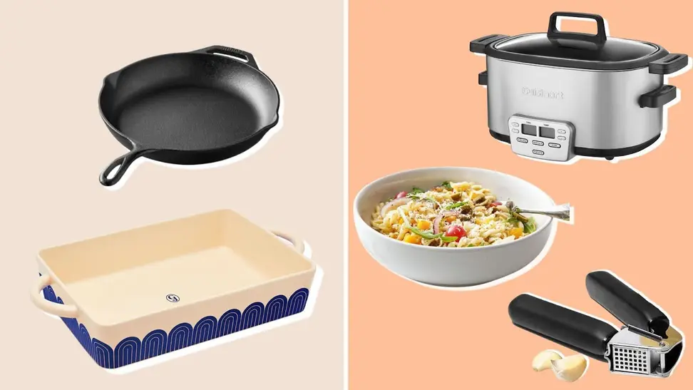 Photo collage of cast iron pan, casserole dish, a garlic press next to cloves, a crockpot and a bowl of pasta.