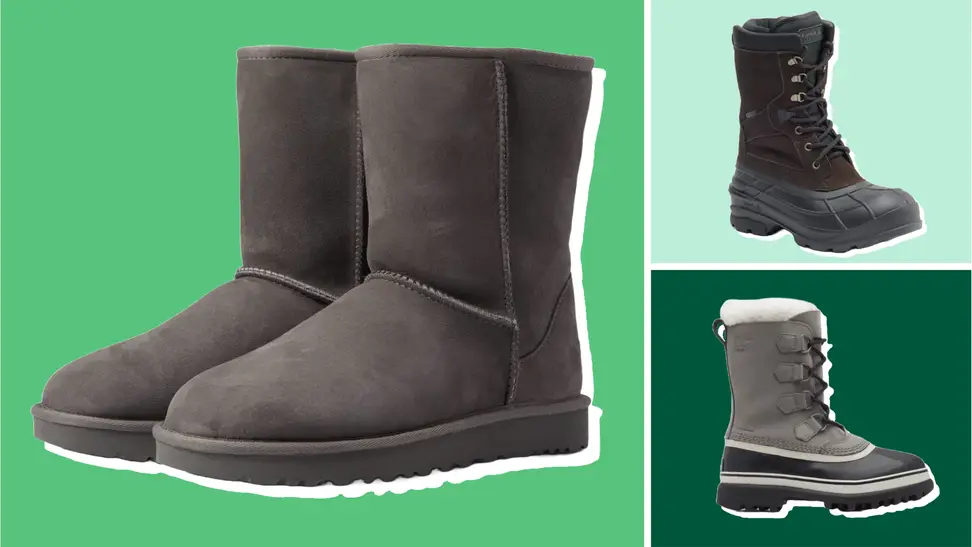 Three different boots in a collage against green backgrounds.