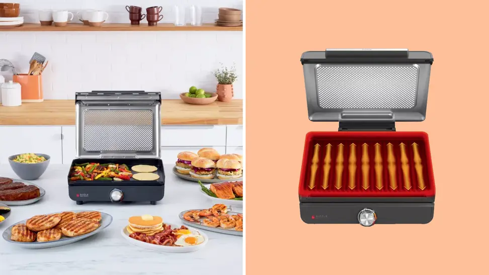 An orange collage with a Ninja Sizzle Smokeless Nonstick Indoor Grill on a kitchen background.