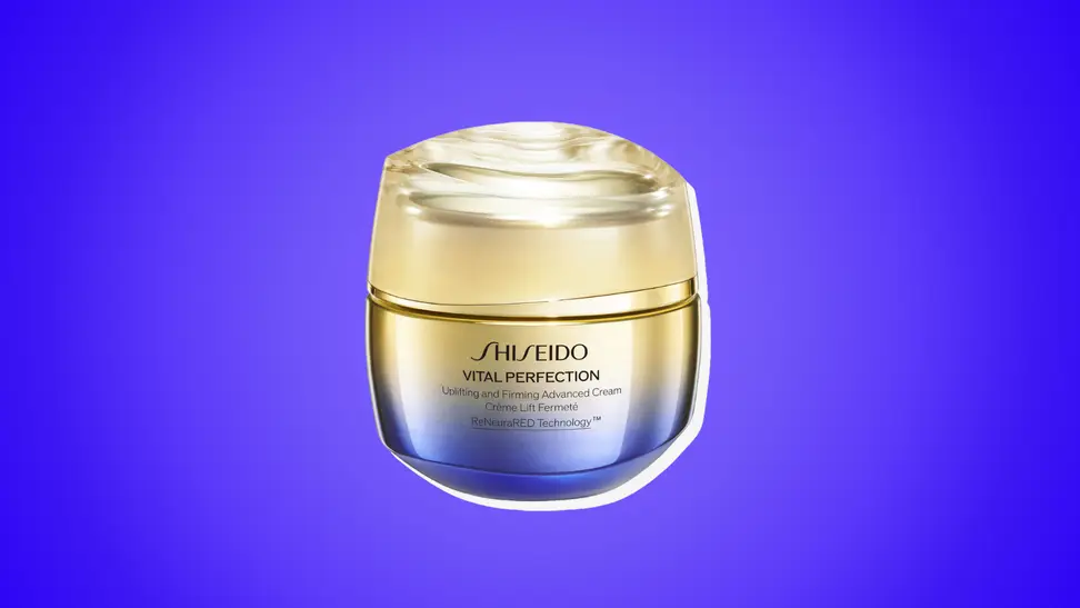 Shiseido moisturizer against a dark blue and purple background.