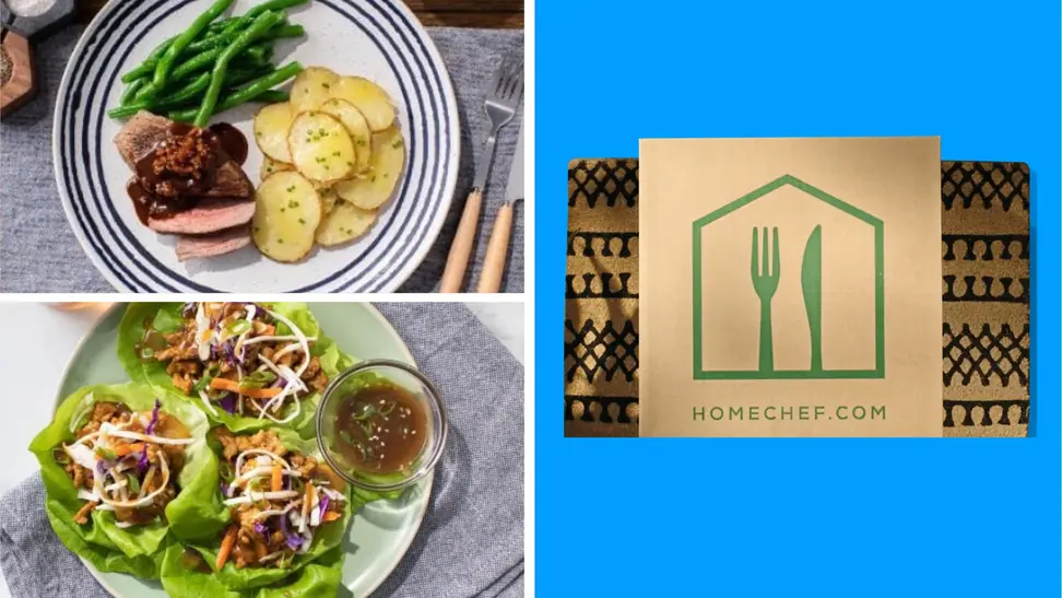 Home Chef meals next to a Home Chef delivery box in front of a colored background.