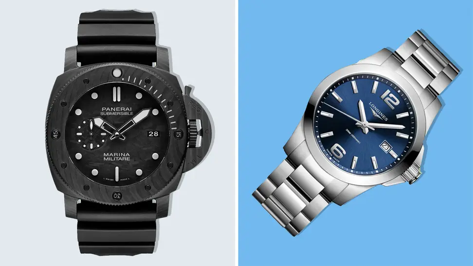 The Panerai Submersible Marina Militare Carbotech and the Longines Conquest Quartz watches on grey and blue background.