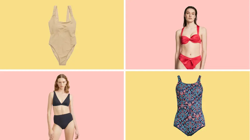 A colorful collage with various types of swimsuits.