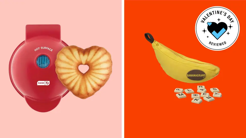 Red Dash Mini Heart Bundt Cake Maker on pink background and bananagrams on red background.