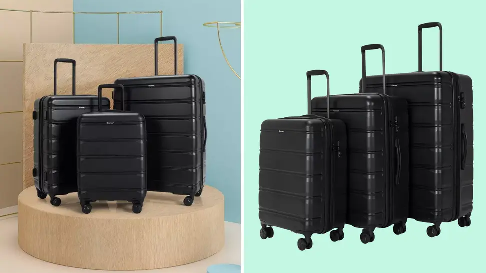 A colorful collage with three Costway suitcases.