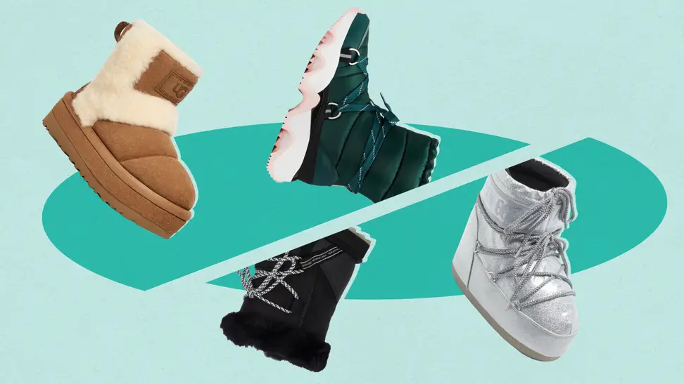 Image of four puffy boots against a teal background.