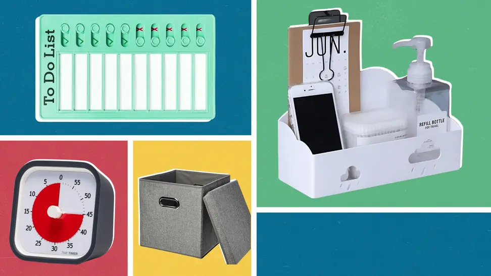 Photo collage of ADHD organization items including a to-do list, a small caddy, a storage cube and a visual timer.