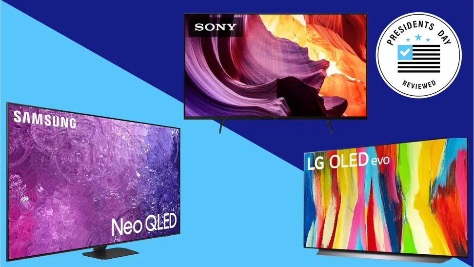 A collection of TVs with the Presidents Day Reviewed badge in front of colored backgrounds.