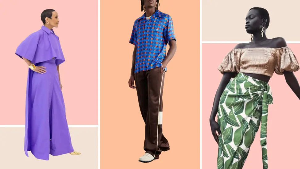 A model wearing a purple outfit, a model wearing a black button-up shirt and brown track pants, and a model wearing a metallic off-the-shoulder top with a green botanical-print pencil skirt.