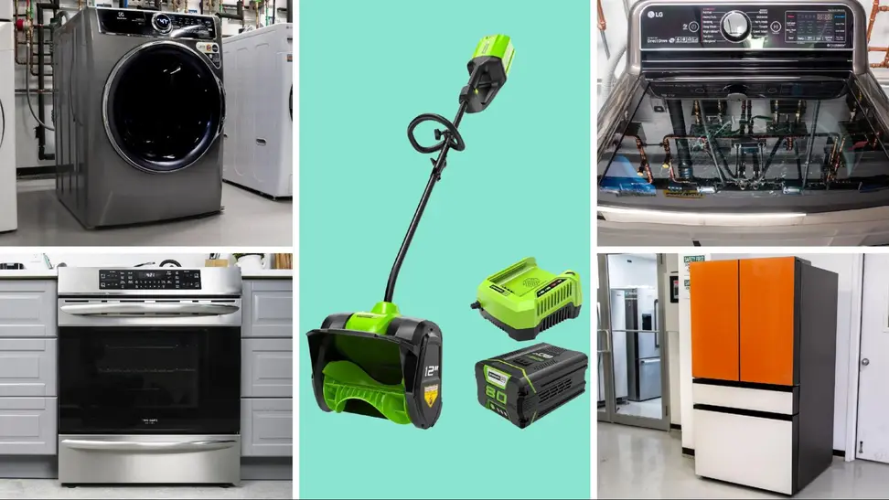 Photo collage featuring an Electrolux washing machine, Frigidaire induction range, Greenworks Pro electric snow shovel, LG washing machine, and Samsung refrigerator.