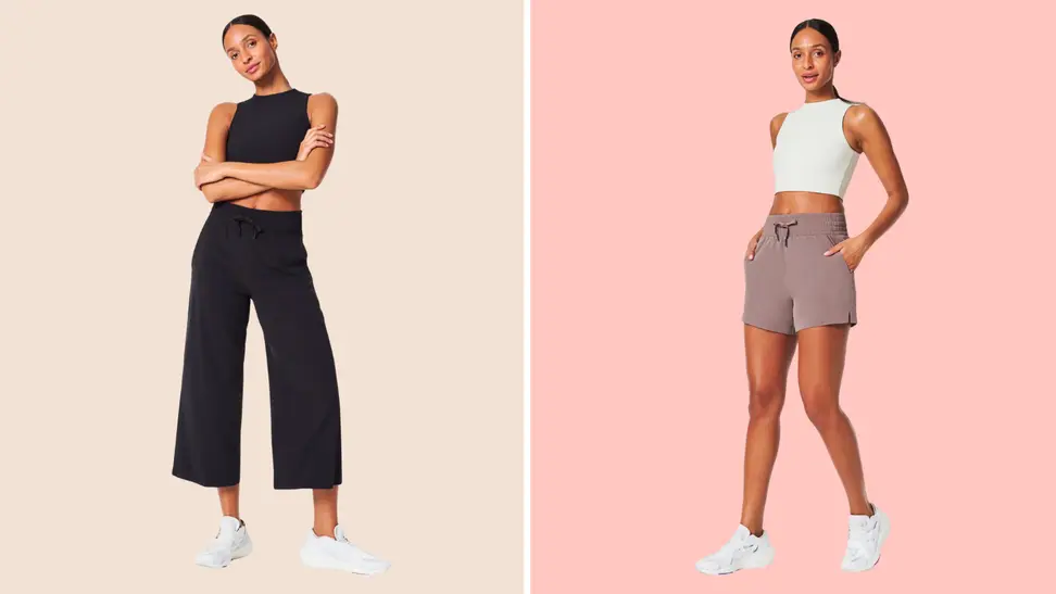 An image of the Spanx Casual Fridays wide leg black pants on a model next to a model in the collection's high waisted shorts in brown.