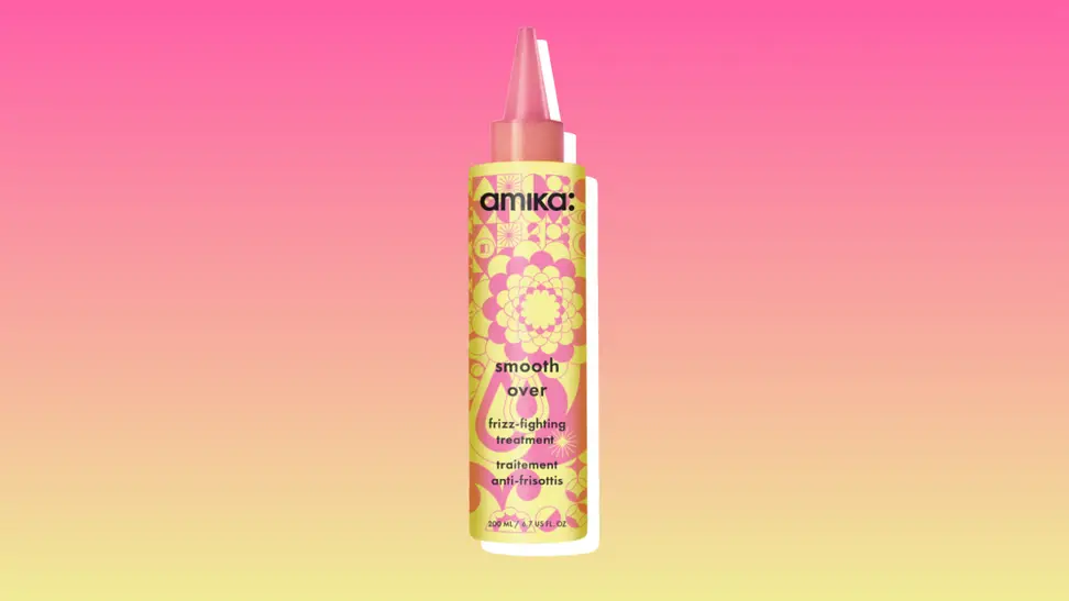Amika frizz-fighting hair treatment against a pink and yellow background.