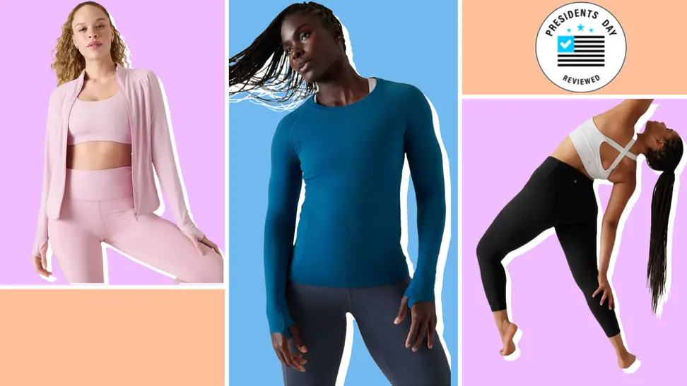 Portrait of three women wearing Athleta leisure wear in a collage.