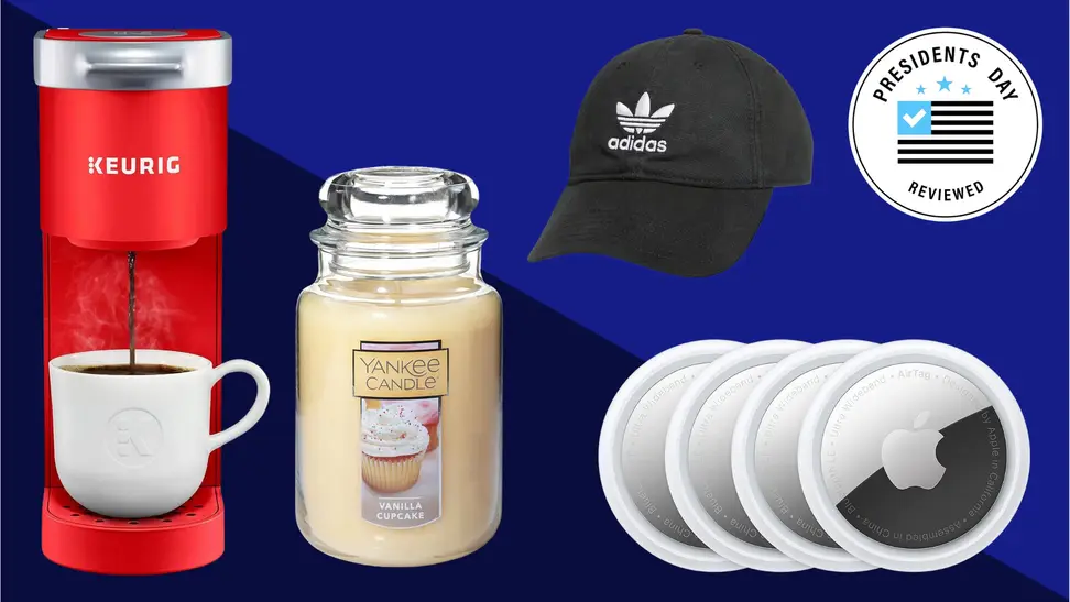 A collection of items on sale at Amazon with the Presidents Day Reviewed badge in front of a colored background.