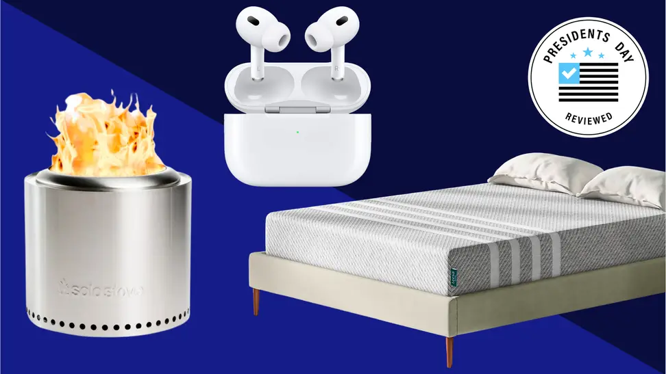 A Presidents Day collage with AirPods, a Leesa mattress, and more.