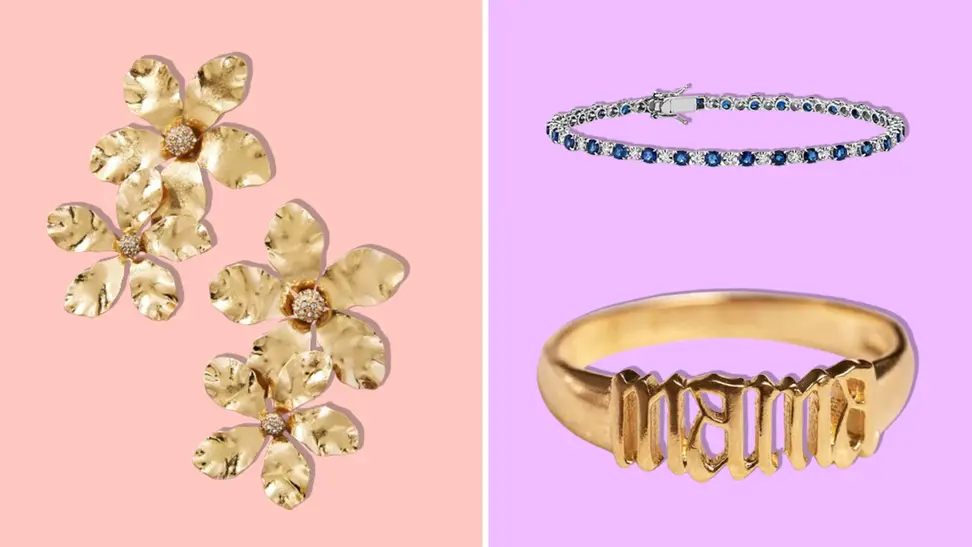 Best jewelry gifts for moms including Anthropoligie floral earrings, Blue Nile sapphire bracelet, and Mama Demi Ring