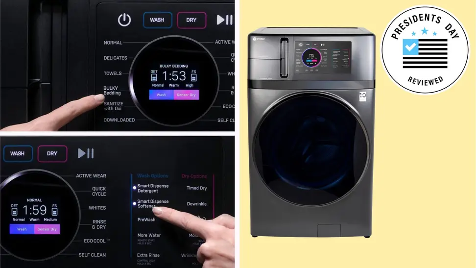 Close-ups of a GE Profile washer dryer combo next to the appliance with a Presidents Day Reviewed badge in front of it.