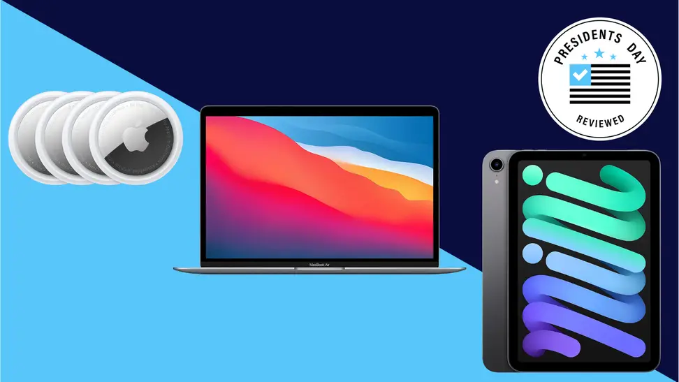Collage of different Apple devices including Apple AirTags, iPads, and a MacBook