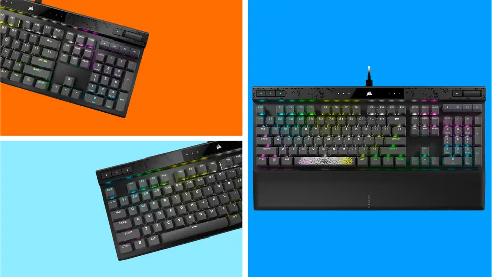A Corsair K70 MAX RGB gaming keyboard in front of colored backgrounds.
