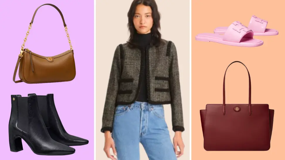 A collage with Tory Burch accessories.