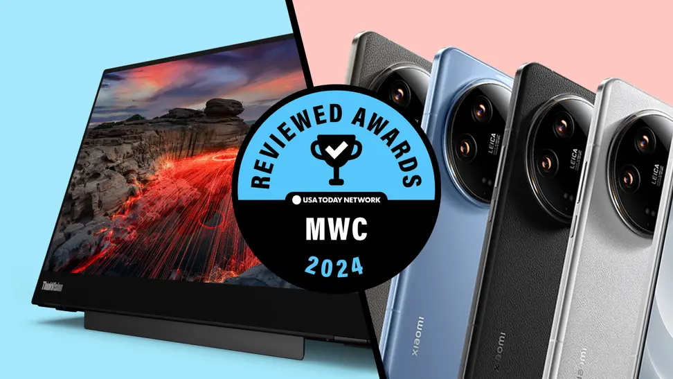 The Lenovo ThinkVision M14t with a blue background on the left and Xaiomi 14 Ultra phone with a pink background on the right, and a Reviewed Awards MWC 2024 emblem overlaid in the middle.