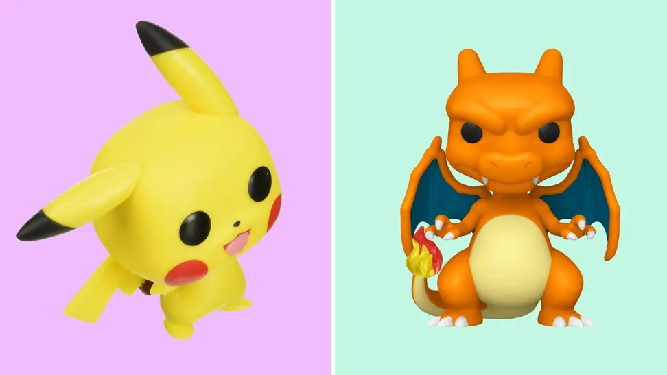A Pikachu and Charizard Funko Pop! on a colorful background.