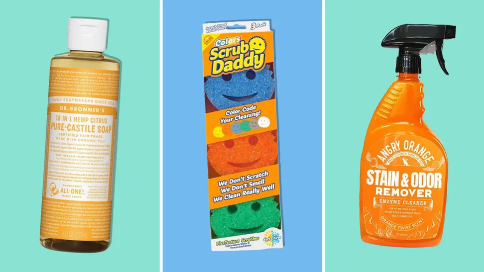 Cheap cleaning supplies including Dr. Bronner's, Scrub Daddy, and Angry Orange Stain Remover