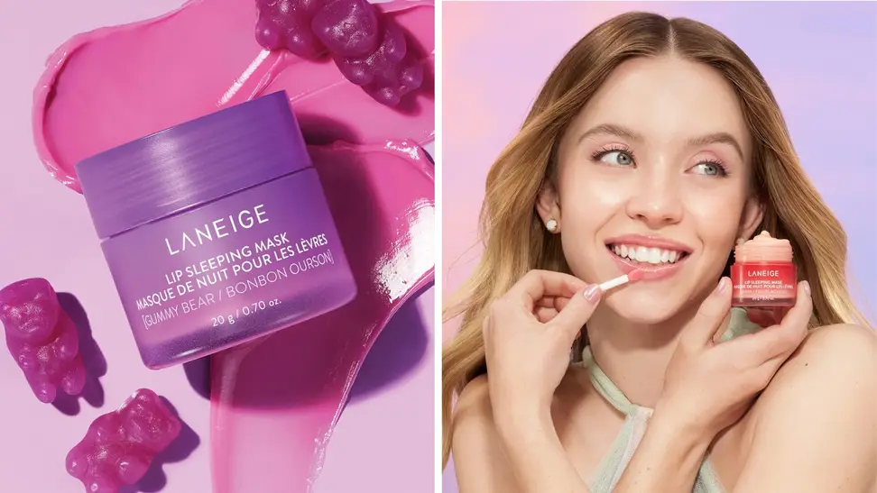 A bottle of Laneige Lip Sleeping Mask next to someone applying the sleeping mask on their lips.