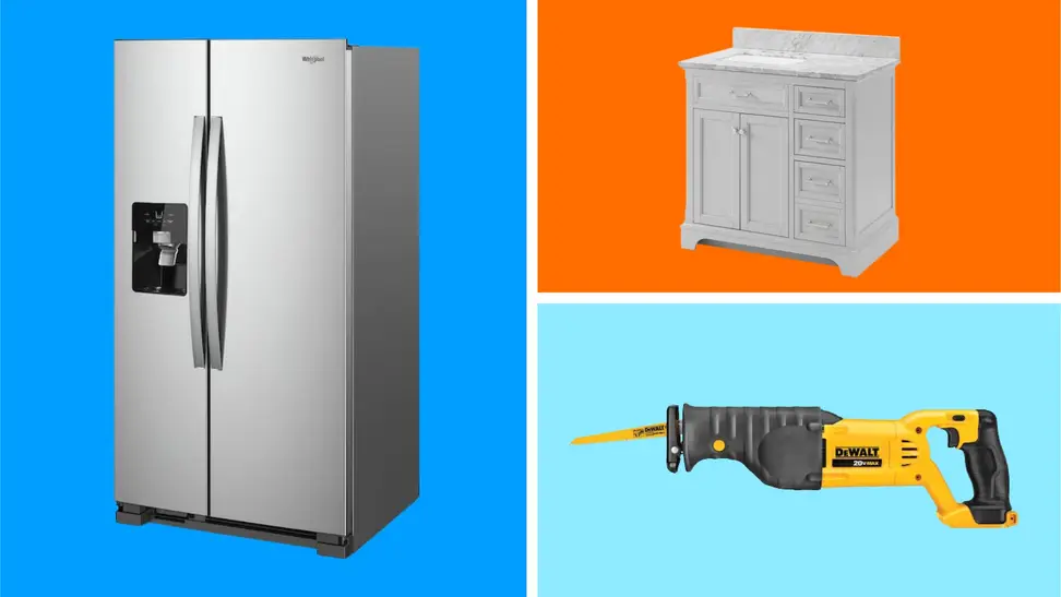 A collection of home items on sale at Lowe's in front of colored backgrounds.