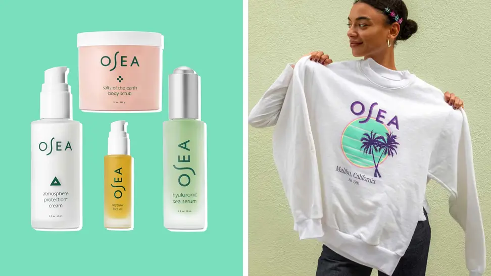 Osea Malibu skincare and bodycare products and retro, 1996 crewneck sweatshirt.