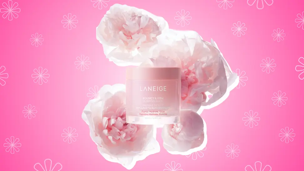 Laneige Bouncy and Firm Sleeping Mask surrounded by pink peonies and against a pink background.