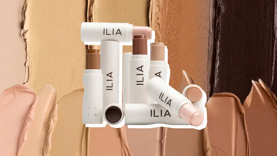 Collage of Ilia Rewind Complexion Sticks against a background of swatches of the product.