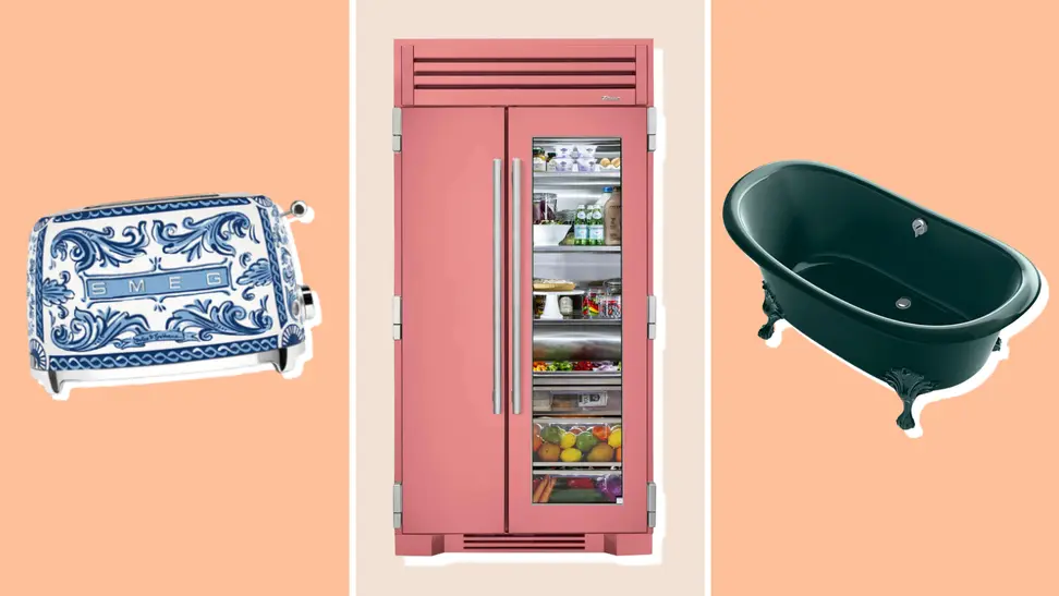 Smeg toaster, pink refrigerator, and green bathtub on orange background