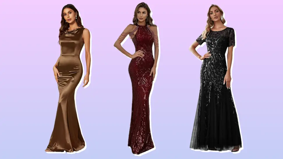 Three women posed in a brown, burgundy, and black dress against a purple and blue background.