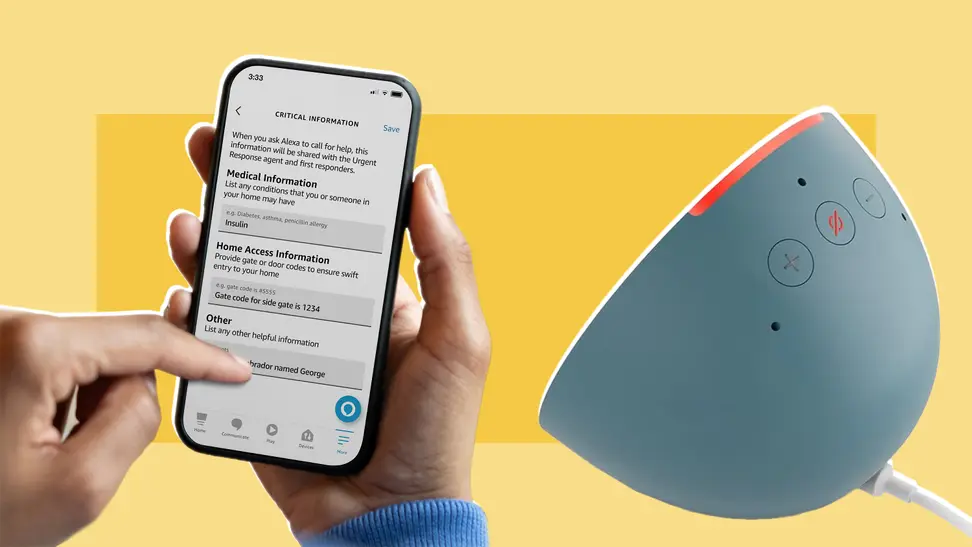 A person holding a smart phone next to an Alexa.