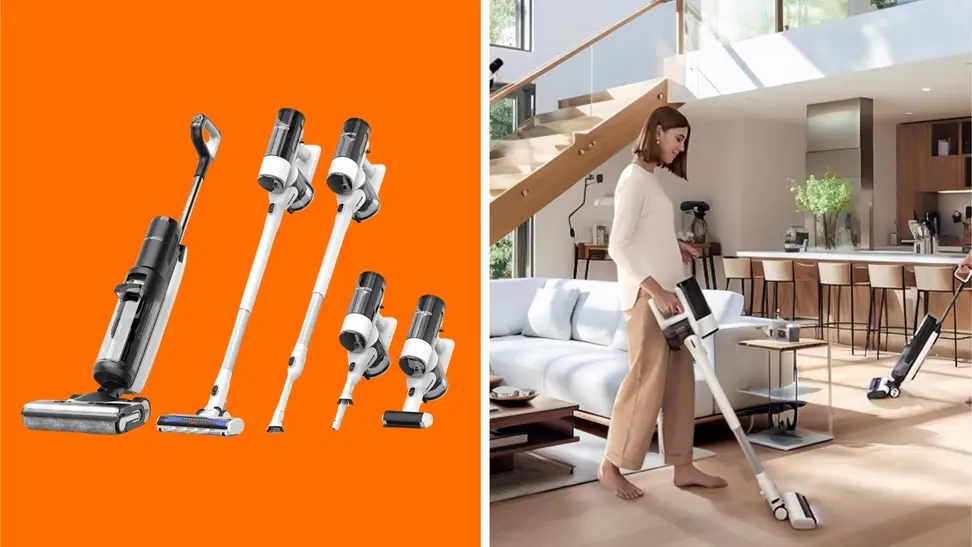 The Tineco Floor One S7 Combo in front of a colored background next to someone using a Tineco vacuum.