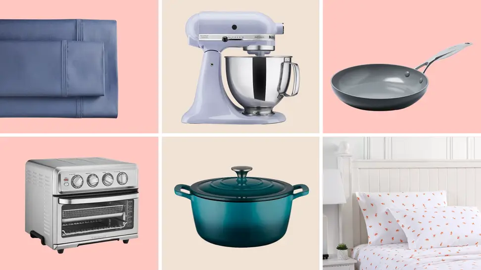Clockwise from top left: A set of blue sheets; a KitchenAid stand mixer; a frying pan;  a toaster oven; a Dutch oven; and a bed made up with patterned sheets.